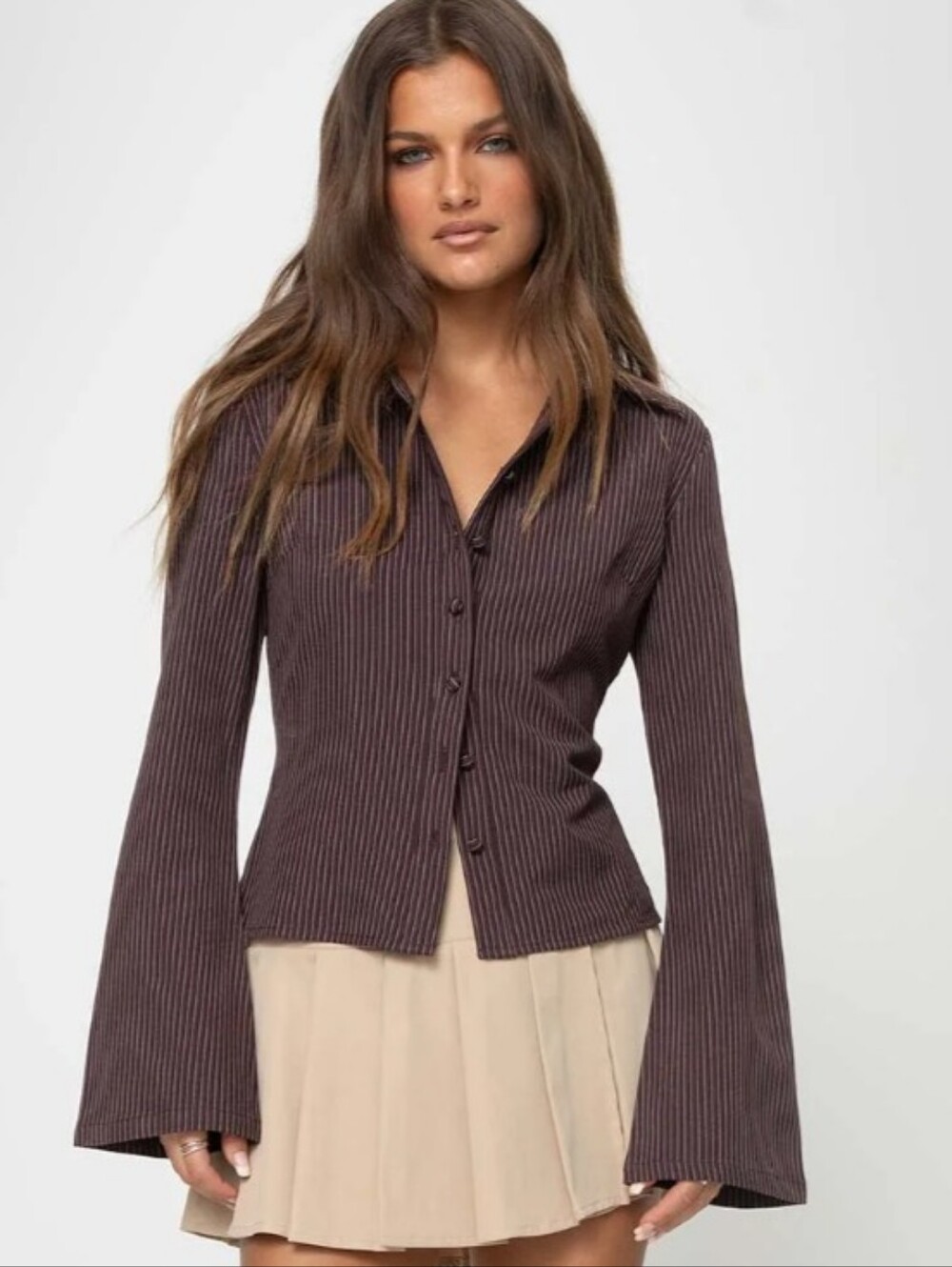 Princess Polly Anni Pinstripe Shirt Brown - 4 - Picture 1 of 4